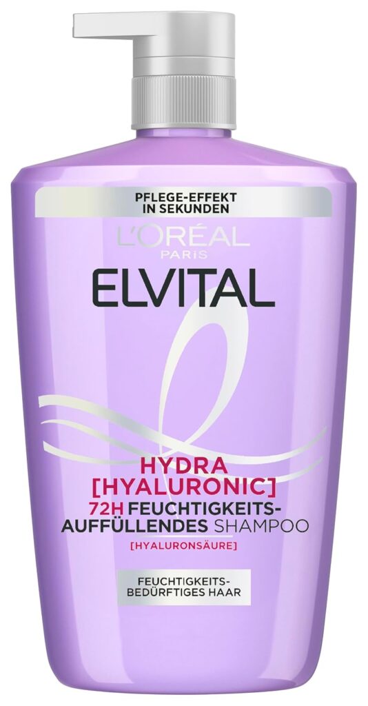 L’Oréal Paris Elvital Hydra Hyaluronic feuchtigkeitsspendendes XXXL Shampoo für glänzendes Haar, Hyaluron Shampoo für einen Feuchtigkeitsboost & Schutz, langanhaltende Feuchtigkeit und Pflege, 1000ml